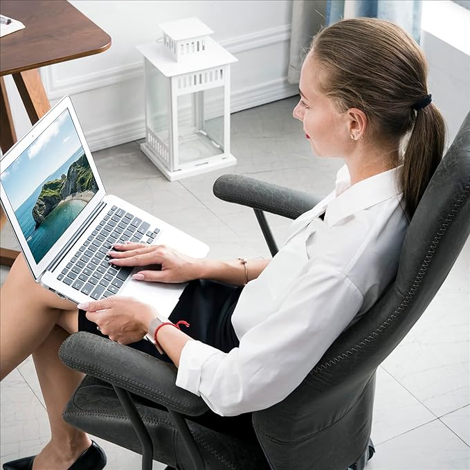 ovios Ergonomic Home Office Chair, Mid-Century Modern Faux Leather Chairs with Padded Armrests, Comfy High Back Swivel Rolling Executive Computer Armchair (Dark Grey, Suede Leather)