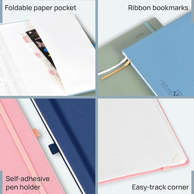 POPRUN Weekly Planner 2026 Calendar (Pocket 4'' x 6.25'') 12 Months Notebook with Horizontal Layout, Leather Hardcover, Inner Pocket, 100GSM Thick Paper, Pen Holder TJ - Army Green