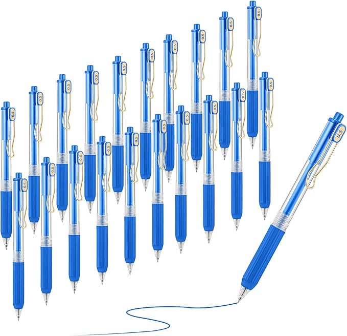 Aozora 20 Pack Blue Gel Pens Fine Point Smooth Writing Pens Retractable Blue Ink Pen with Soft Grip 0.5mm Quick Dry Office School Supplies Gold Clip