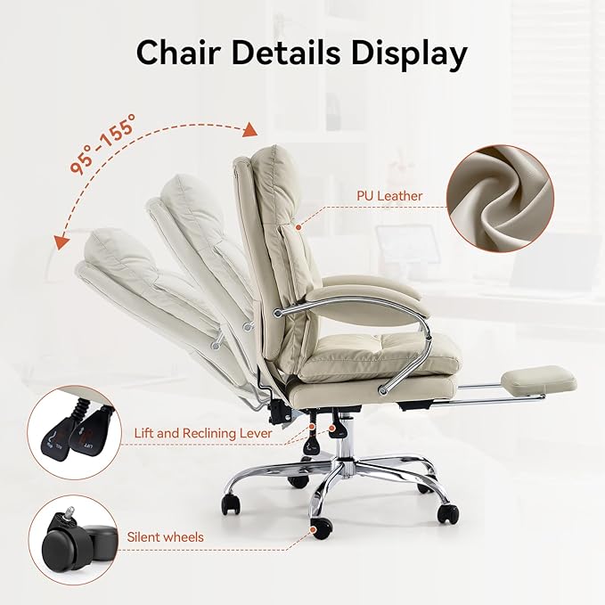 LEAGOO Office Chair with Foot Rest, Ergonomic Executive Office Chair with Arms, Reclining High Back PU Leather Comfy Swivel Computer Desk Chairs with Wheels and Lumbar Support for Home Office, Cream