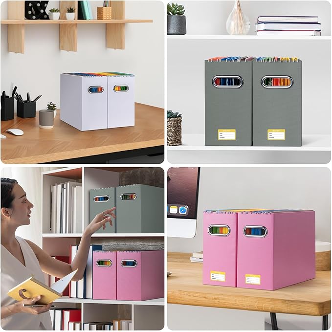 BALEINE File Organizer Box, Cardboard File Folder Organizer with Handle for Letter Size, Portable Collapsible Hanging Filing Box for Home Office Document Storage (2 Pack, Grey)