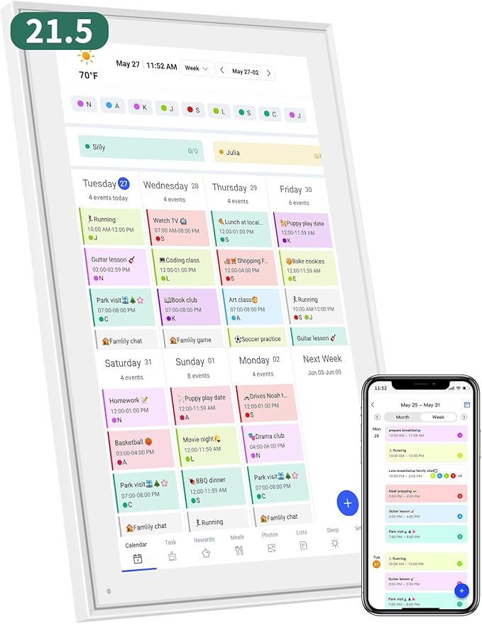 21.5 Inch Smart Digital Calendar β Electronic Chore Chart & Planner with 1920x1080P IPS Touchscreen, Weekly/Monthly Family Organizer for Wall or Desk, White 2025 New Version