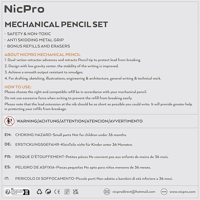 Nicpro 6PCS Metal Mechanical Pencil Set, Full Copper Drafting Pencil 0.3, 0.5, 0.7, 0.9 mm & 2PCS 2mm Graphite Lead Holder(4B 2B HB 2H) For Art Sketching Drawing With Lead Refills Eraser Case