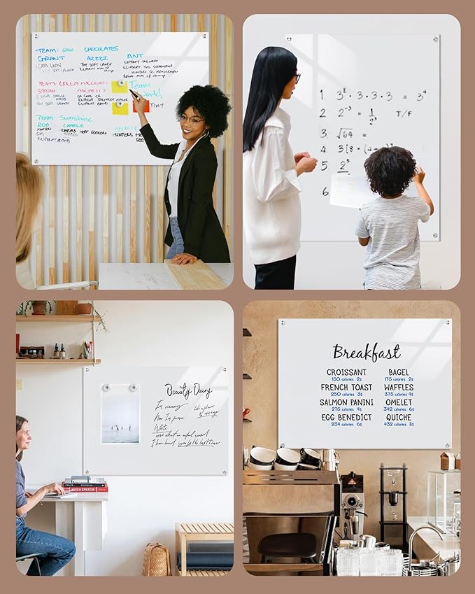 Magnetic Glass Whiteboard,48"x36" Wall Mounted Frameless Dry Erase Board for Office, Home & School Ultra White