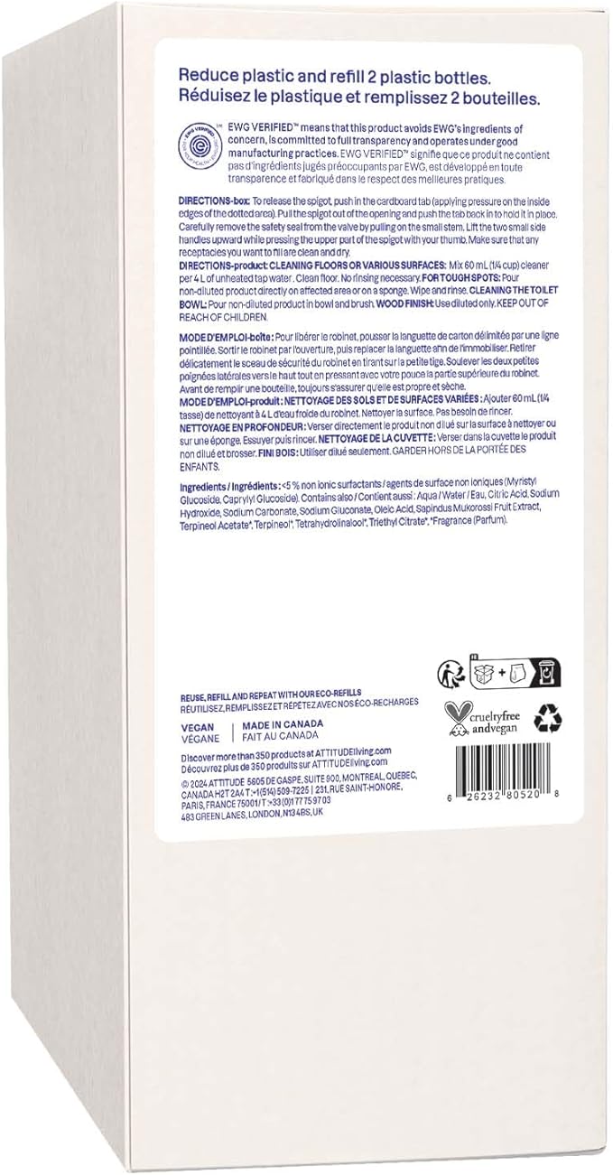 ATTITUDE Floor Cleaner Refill, EWG Verified, Streak-Free, Vegan & Plant-Based for Tile, Wood & Laminate Floors, Citrus Zest Scent, 67.6 Fl Oz