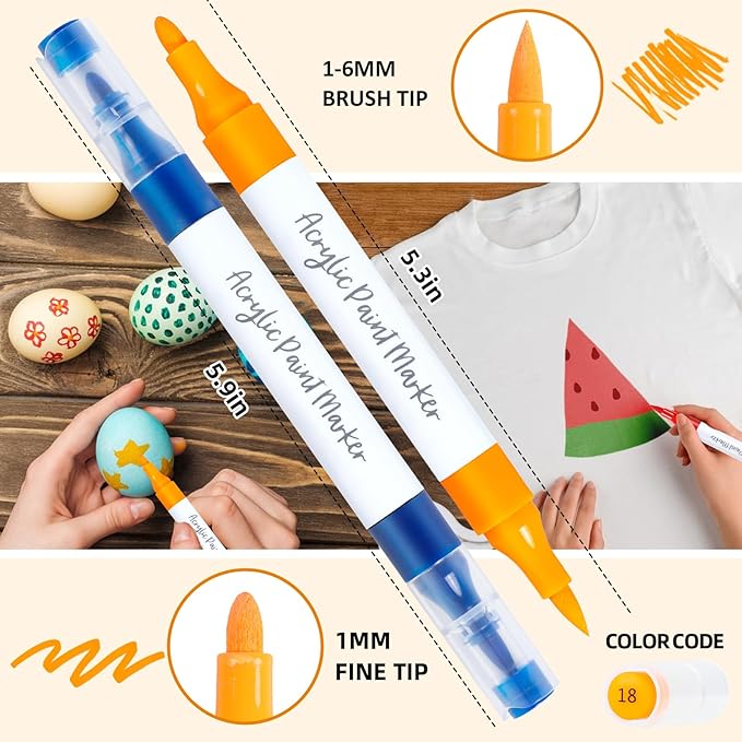 YHC 60 Colors Acrylic Paint Pens with Free App, Dual Tip Acrylic Paint Markers with Brush Tip and Fine Tip for Adults, Kids, Eggs, Wood, Rock, Canvas, Plastic, Stone, Glass, Ceramic