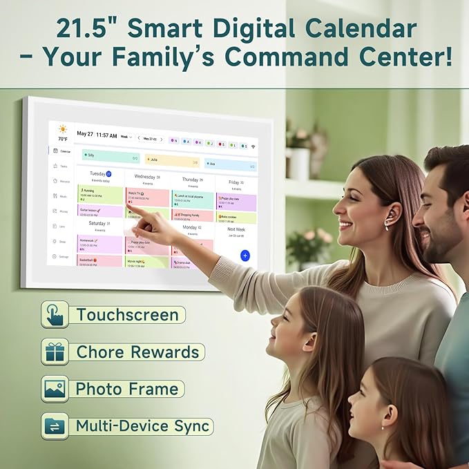 21.5 Inch Smart Digital Calendar β Electronic Chore Chart & Planner with 1920x1080P IPS Touchscreen, Weekly/Monthly Family Organizer for Wall or Desk, White 2025 New Version