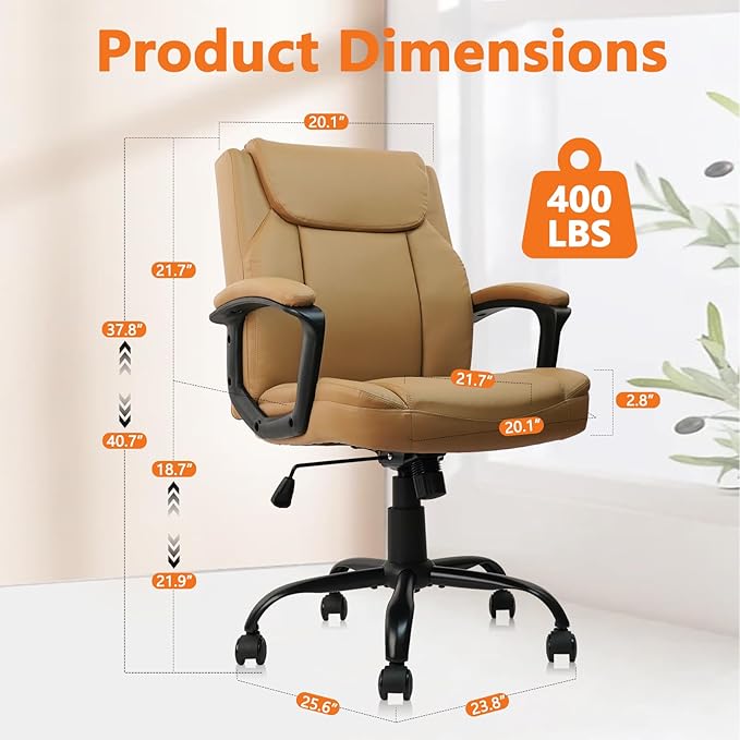 CLATINA Brown Office Computer Chair PU Leather Executive Swivel Adjustable Height Chairs with Upholstery Fixed armrest Mid-Back Leather Thick Cushion Office Chair Brown 4Pack