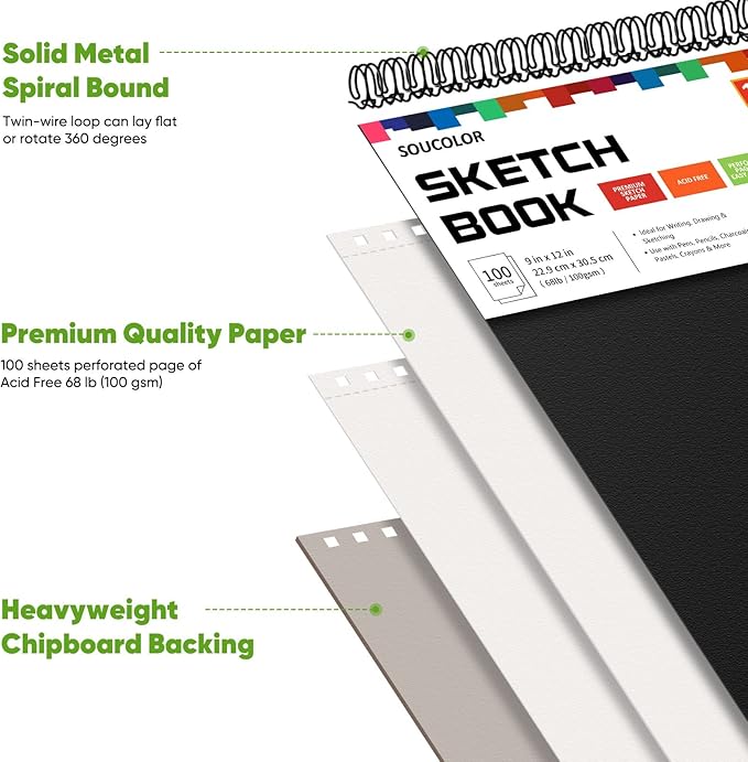 Soucolor Art and Craft Paper for Kids Adults Artists Doodles, School Projects & Home Painting, 9"x12" Bulk Sketch Books 3-Pack (100 Sheets Each) | Spiral Bound Drawing Paper Acid Free (68lb/100gsm)