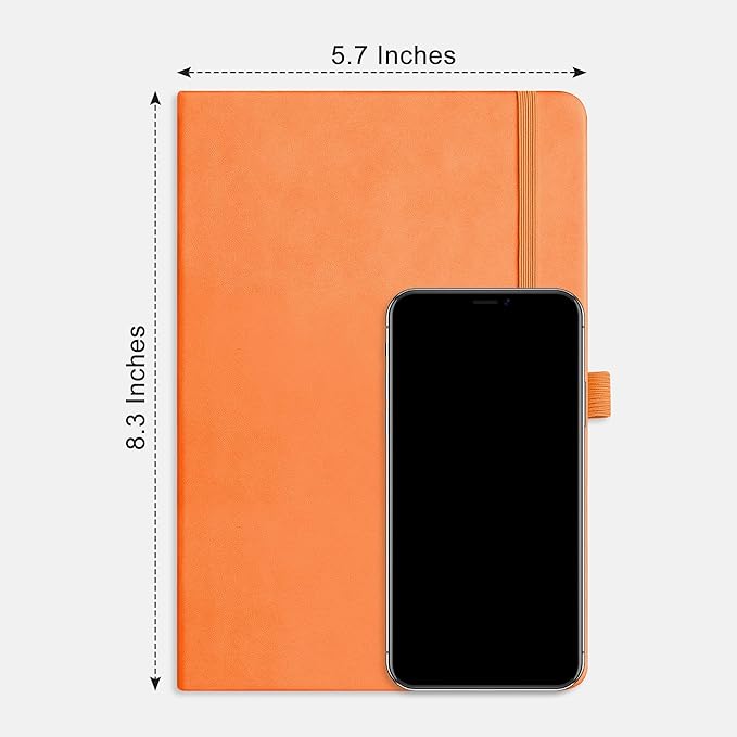 RETTACY Bullet Dotted Journal Notebook, 192 Pages, A5 Medium Size (5.7'' x 8.3''), Leather Hardcover, 100 GSM Thick Paper, for Bullet Journaling, Planning, Tracking (Orange)