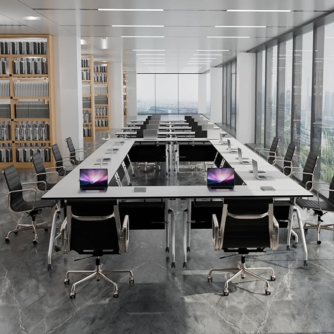 Conference Table, Folding Conference Room Tables, Mobile Training Tables with Silent Wheels, Large Rectangular Modular Seminar Table Office Computer Desks for Classroom White (4Pack L63in)