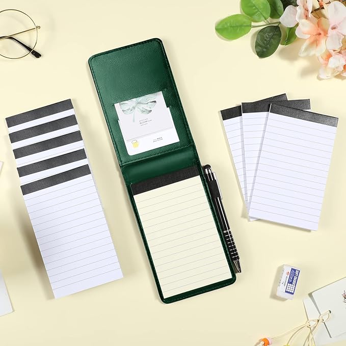 Outus 10 Pcs Pocket Notebook with Pen Set Included Mini Pocket Notepad Holder with 50 Lined Sheets, Metal Pen, 8 Pcs 3 x 5 Inch Memo Book Refills, 30 Lined Paper Per Note Pad (Green)
