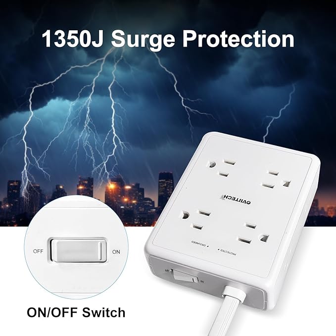 Surge Protector Flat Extension Cord Power Strip 6Ft, 8 Outlets with 4USB Ports (2 USB-C), 1350 Joules Protection, Ideal for Office, Home, White