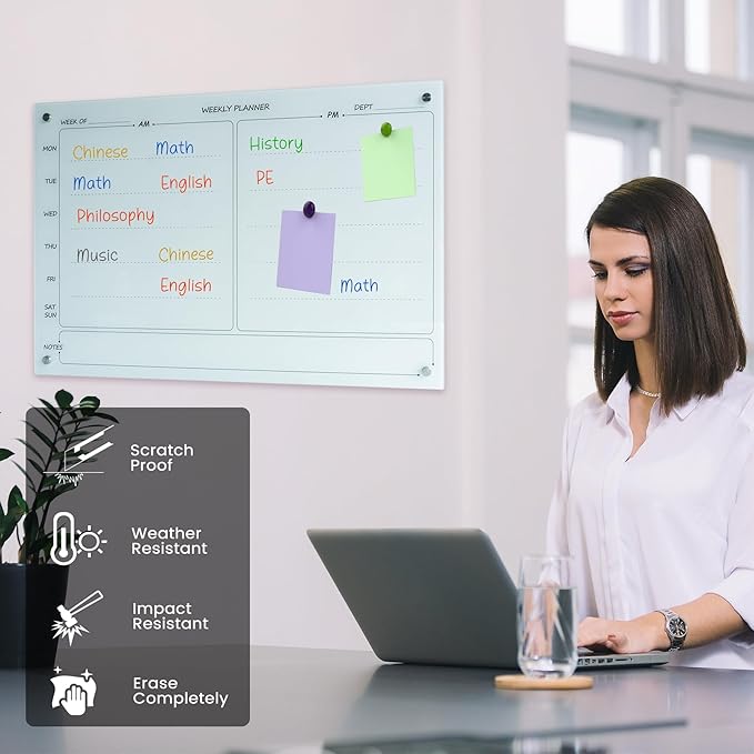 Magnetic Planner Writeboard 24"X36" Weekly Glass Calendar Ultra White Glassboard Premium Tempered Dry Erase Boards Frameless Wall Mounted (Ultra White)