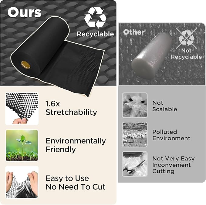 Honeycomb Packing Paper, 12"x400' Black | Perforated Honeycomb Packing Paper Recyclable Moving Supplies for Shipping & Moving | Plastic-Free Alternative to Bubble Cushion Wrap with 36 Fragile Stickers