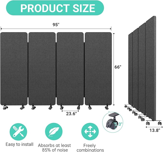 Soundproof Room Divider W/Wheels, 66in Office Dividers for Sound Proofing & Reducing, Sound Proof Dividers for Office Partitions Portable Temporary Wall Acoustic Wall Divider (Cool Grey, 4 Panel)