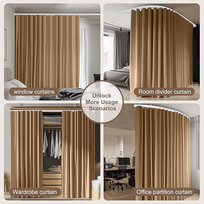 Room Divider Curtains & Flexible Bendable Tracks Set,Privacy Dividers Ceiling Track Curtain Window Blackout Curtains for Living Room Bedroom (W150 × H96 in 1 Panel Khaki Drape & White Rail)