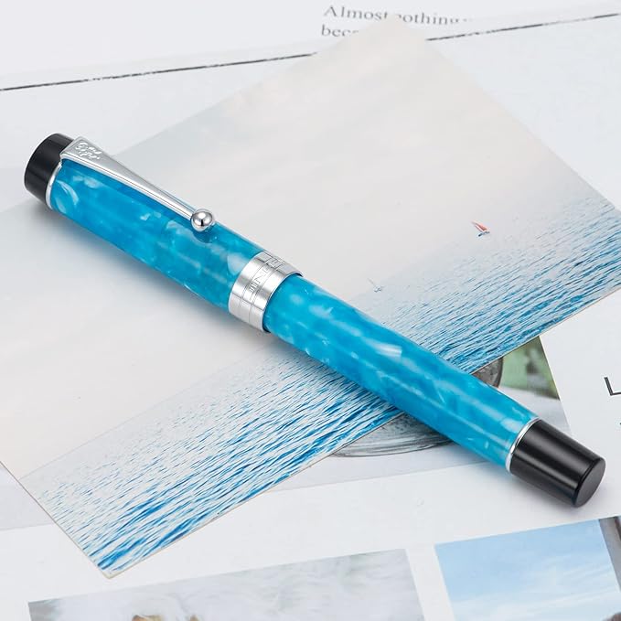 Jinhao 100 Fountain Pen Celluloid Classic Style, #6 Nib Smooth Writing Instrument with Refillable Converter and Pen Case Set