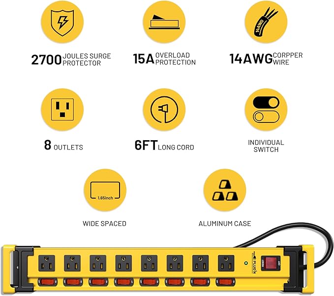 Plug'n 8 Outlet Long Power Strip,2700J Surge Protector with Individual Switches,Wide Spaced,Heavy Duty Power Strip with 6FT/14AWG/15A Power Cord and Flat Plug for Workshop,Garage,Industrial,Home