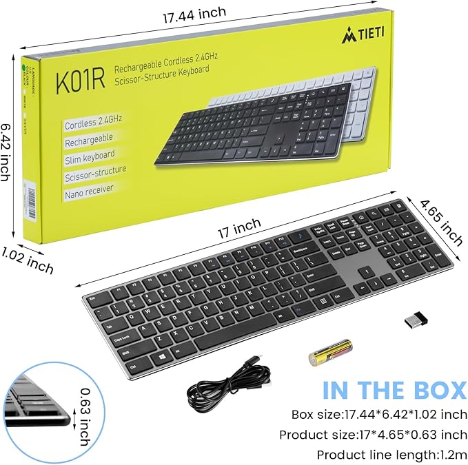 K01R Wireless Keyboard, 2.4G Slim and Compact Wireless Keyboard with Numeric Keypad, Long Battery Life, Lag-Free for PC Laptop Computer Windows, Space Grey