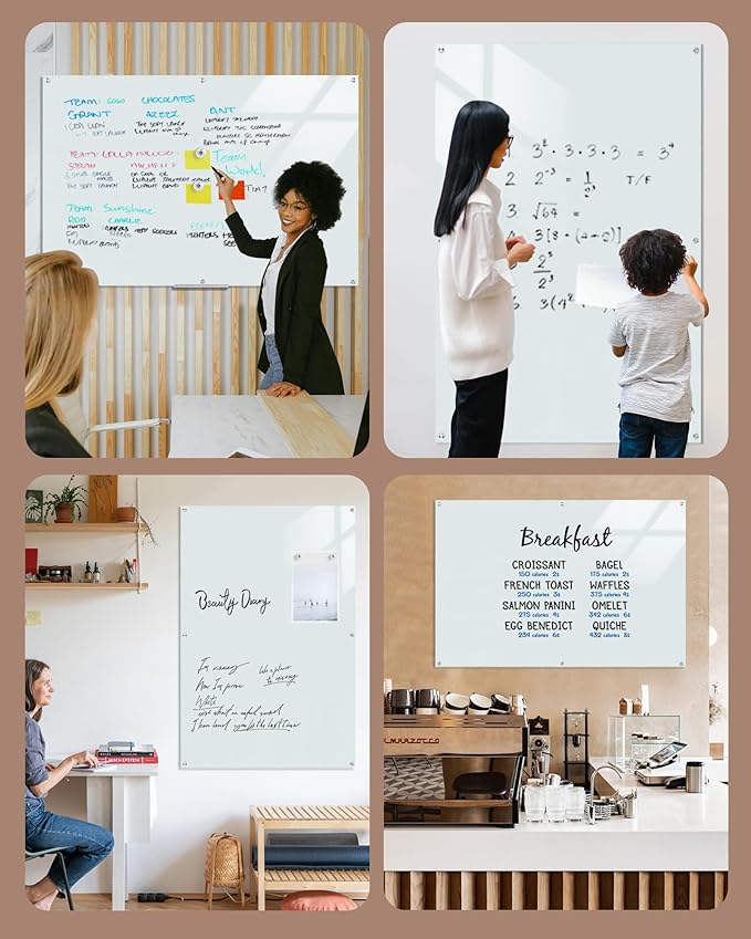 Magnetic Glass Whiteboard,72"x48" Wall Mounted Frameless Dry Erase Board for Office, Home & School White