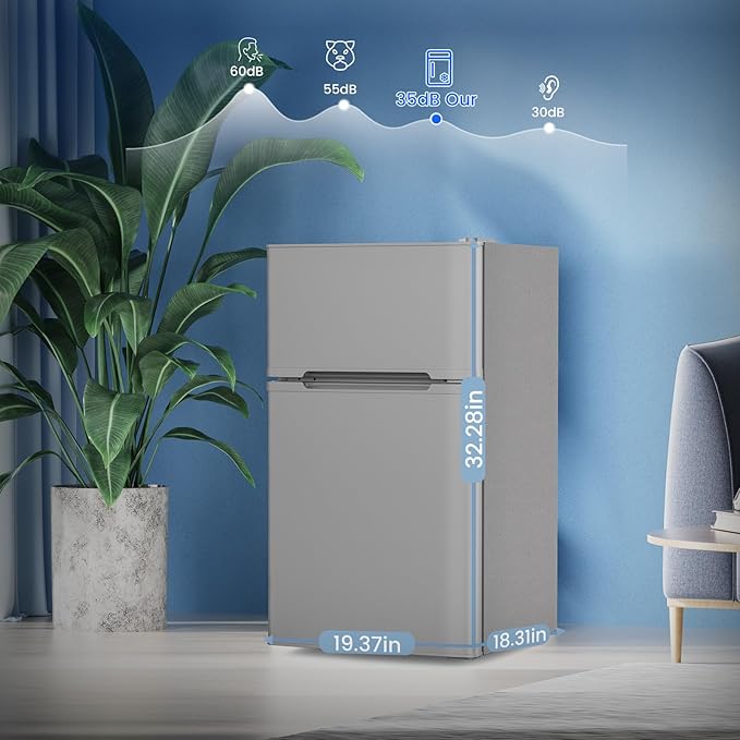 3.1 Cu.Ft Small Fridge with Freezer, Compact Refrigerator with 2 Doors, Mini Fridge with Adjustable Removable Glass Shelves for Bedroom, Dorm, Office or Apartment,Grey