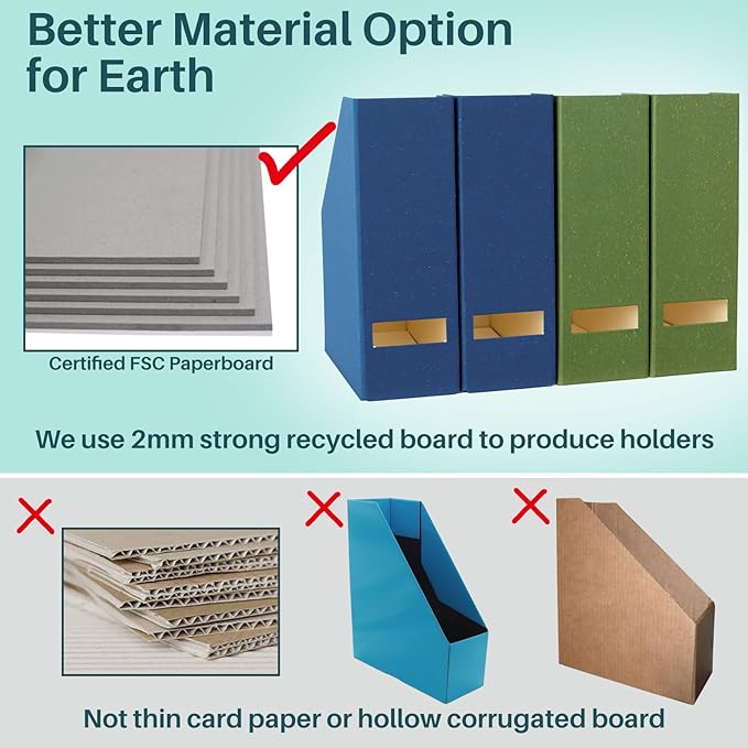 Magazine Holder - File Holder and Desk Organizer, Paperboard Book Organizer and Storage Box for Documents, Magazine Holder Rack for Classroom, Home, and Office (Leaf Green, 4-Pack)