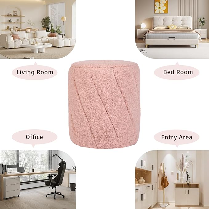 Modern Round Ottoman 2Pcs, Spiral-Tufted Foot Stool Ottoman, Teddy Fleece Upholstered Vanity Stool for Makeup, Bedroom, Living Room, Pink