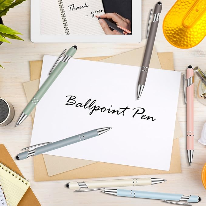 Tenare 12 Pieces 2 in 1 Stylus Metal Ballpoint Pen with Stylus Tip, 1.0 mm Black Ink Ballpoint Pen for Touch Screens(Morandi Color and Silver)