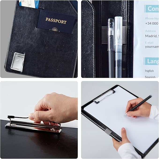 PU Leather Padfolio Clipboard Notepad with Pen Loop and Elastic Strap Interview/Resume Document Organizer for Business School Office,Lion with Lightning
