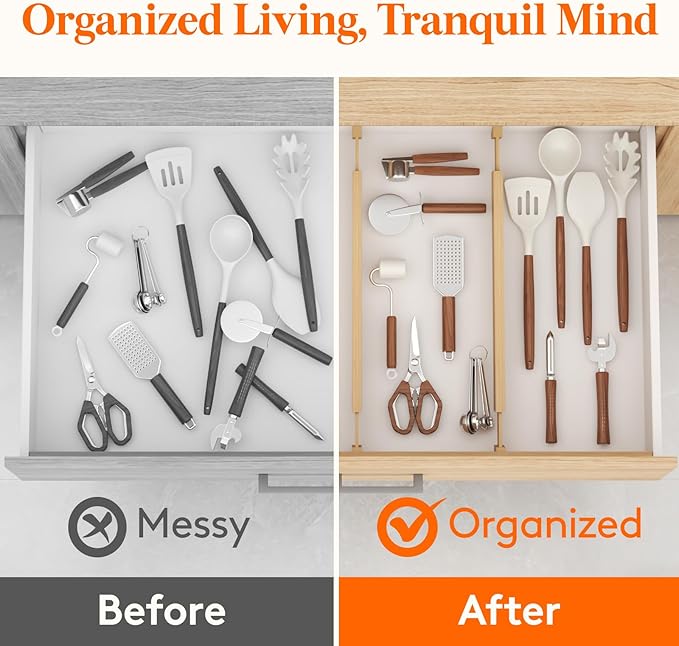 Lifewit 6 Pack Drawer Dividers Bamboo 2.4" High, 16-22" Adjustable Drawer Organizers for Clothes, Wooden Dresser Separators in Bedroom/Bathroom/Kitchen/Fridge/Office Organization and Storage