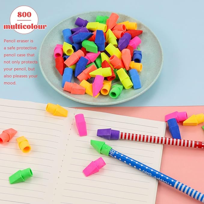 800PCS Caps Pencil Erasers Chisel Shape Pencil Eraser Arrowhead Caps Erasers Latex Free Pencil Pencil Eraser Toppers Assorted Colors for Favors Games Prizes Pencil Top Erasers Home School Office