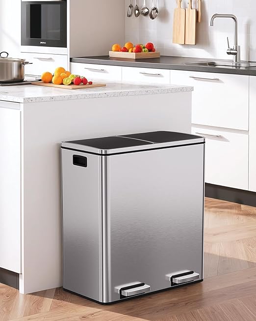 AthLike 60L(16 Gal) Dual Trash Can, Stainless Steel Kitchen Garbage Can, Double Compartment Classified Rubbish Bin, Recycle Dustbin w/Plastic Inner Buckets, Soft-Close Lid, Airtight, Silver