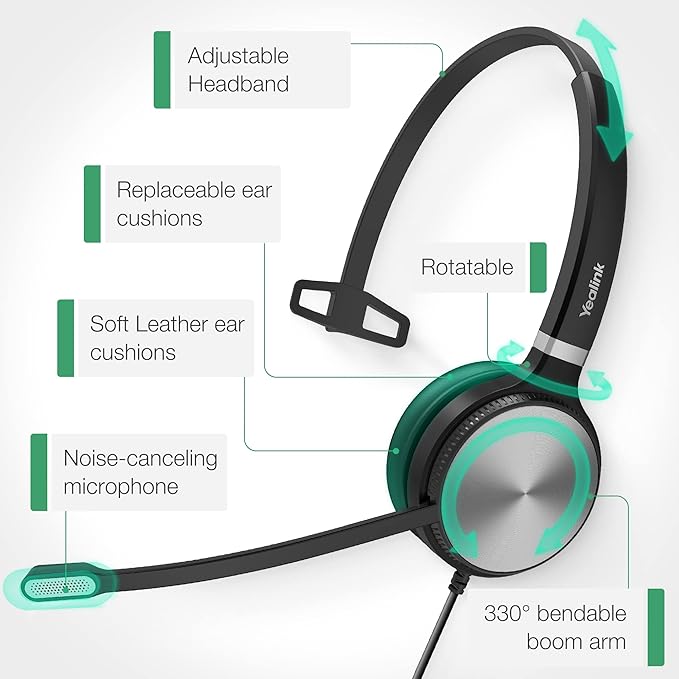 Yealink UH36 Professional USB Headset Wired Headphones for Work Calls and Music, Headset with Noise Cancelling Mic for Computer PC Laptop(UC Compatible, Mono,3.5mm Jack/USB Connection)