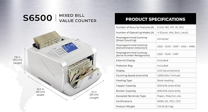 Money Counter Machine, USD EUR CAD GBP MXN Quick Mixed Denomination Bill Counter, 5-Point Counterfeit Detection UV/MG/IR/DD/MT/DBL/HLF/CHN, S6500