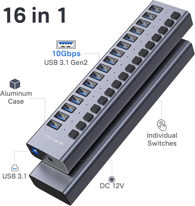 Powered USB 3.1 Hub, ACASIS 16 Ports USB 3.1 Hub with 10Gbps Data Speed,Aluminum Housing, USB Hub Powered with 96W Power Adapter, USB Hub for PC/Laptop, Computer, Flash Drive, Printer, Camera