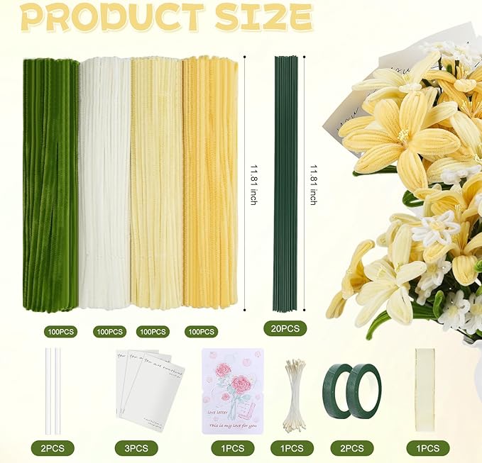 400 Pcs Pipe Cleaners Craft Set,4 Colors Chenille Stems Bulk with Floral Wires, Gardening Tape,Hot Glue Stick,Greeting Card,Bouquet Paper, Stamen & Ribbon, Flowers Craft kit for DIY Handmade Bouquet