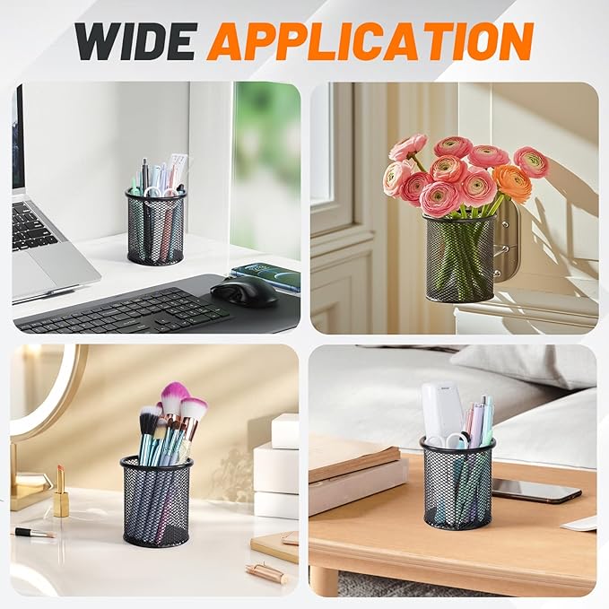 Segarty Pen Holder, 6 Pack Round Black Pen Cup Holder for Desk, Wire Mesh Pencil Containers Set for Office Supplies, School Maker, Home Desktop Accessories Organizer, Makeup Brush
