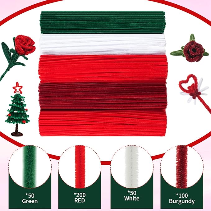 400 Pcs Red Pipe Cleaners for Crafts, 4 Colors Chenille Stems Bulk with Floral Wires, Gardening Tape,Hot Glue StickïŒGreeting Card,Bouquet Paper, Pearl & Ribbon, Flowers Craft kit for Christmas