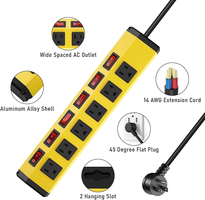 ANNQUAN 4PCS 6 Outlet Metal Power Strip with 6 Individual Switches,Heavy Duty Power Strip 1200J 15A 6FT Cord Home Office Industrial Commercial Shop