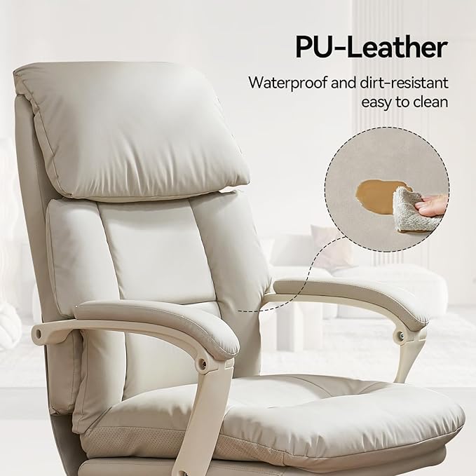 EMIAH Office Chair with Foot Rest, Ergonomic Executive Office Chair with Arms, Reclining High Back PU Leather Comfy Swivel Computer Desk Chairs with Wheels and Lumbar Support for Home Office, Beige