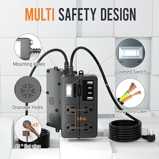Outdoor Power Strip Weatherproof,Waterproof Surge Protector with 4 Wide Outlets,4 USB Charger,15 FT Extension Cord,1875W/15Amps,Multi Outlet Extender for Patio Porch Garden Yard Christmas Lights