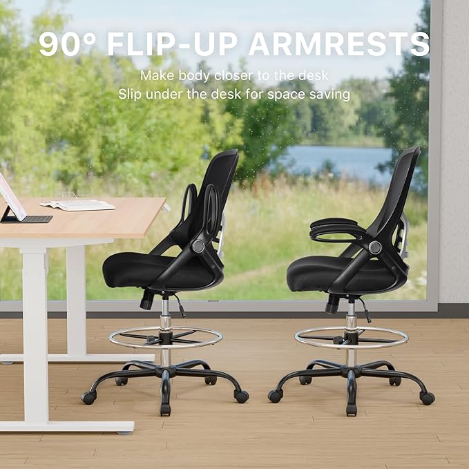 HYLONE Drafting Chair Tall Office Chair High-Back Mesh Standing Desk Stool with Adjustable Footrest Ring and Flip-Up Arms (Black)