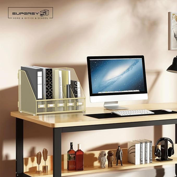 SUPEASY Desk Organizers Metal Desk Magazine File Holder with 5 Vertical Compartments Rack File Organizer for Office Desktop, Home Workspace, Golden Yellow, Plus