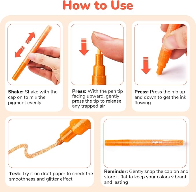 JoyCat 3mm Medium Tip Glitter Markers - 12 Vibrant Colors (Red to Pink) | 3ml High-Capacity Ink | Multi-Surface Paint Pens for Rock, Wood, Fabric, Glass | Gift for Kids DIY Crafts