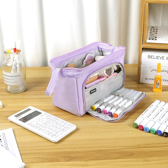 MAMUNU Pencil Case Pouch Large Capacity with Compartments, Pencil Case Pouch Bag with Zipper Handle for Teen Girls Adults Women, Portable Pen Bag Stationery Organizer for Office School Travel, Purple