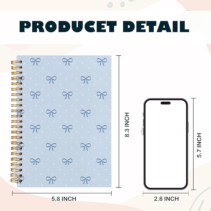 BearCake Coquette Blue Bow Notebook Journal, Preppy Bow Journal for Women Girls, Blue Cute Office Supplies, Girly Aesthetic Hardcover Spiral Notebook 5.5x8.3