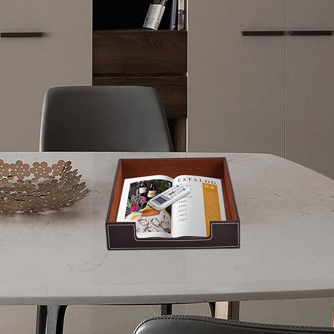 PU Leather 1-Layer Stackable Office File Document Tray Case Rack Paper Letter Tray Desk File Document Organizer Holder (Coffee)