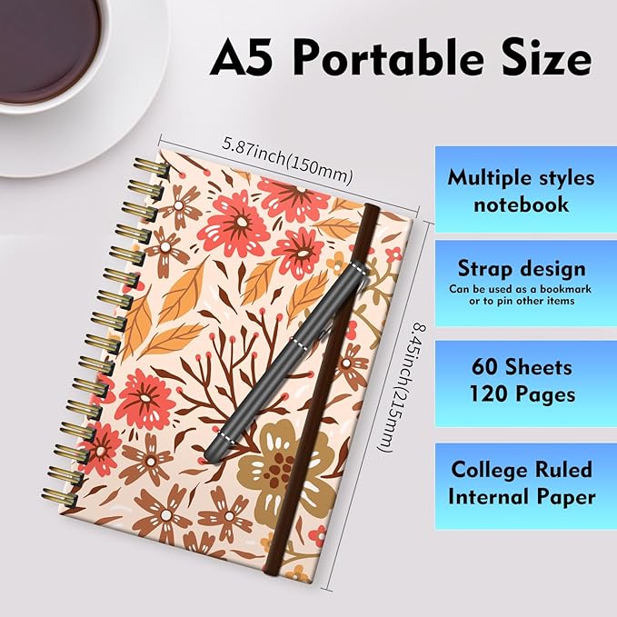 Spiral Journal Notebook, A5 Cute Notebooks for Women Men, College Ruled Hardcover Notebook for Work & Note Taking, 60 Pages Double-Wire Journals for Writing, Cute Colorful Flowers