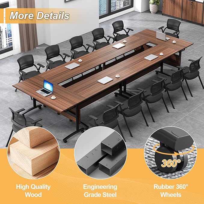 Conference Room Table with Silent Wheels, Mobile Folding Conference Table for 16 Person,Flip Top Office Training Tables with Walnuts Wood Tabletop, for School,Business Meeting Rooms (4 Pack 47in)